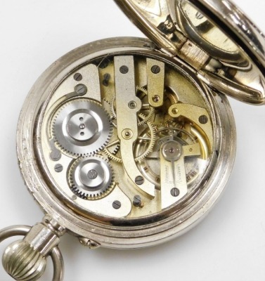 A silver plated cased Goliath pocket watch, with white enamel dial and Roman numerals, with seconds dial and blue hands, bezel wind, 6cm diameter. - 2