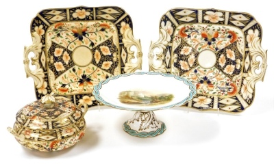 A group of ceramics, to include a late 19thC cake plate, with turquoise and gilt borders, with a central cliff and river scene, inscribed Matlock High Tour Derbyshire, numbered 795, 9cm high, together with two Imari pattern cake plates and a jar and cover