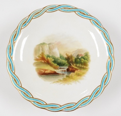 A group of ceramics, to include a late 19thC cake plate, with turquoise and gilt borders, with a central cliff and river scene, inscribed Matlock High Tour Derbyshire, numbered 795, 9cm high, together with two Imari pattern cake plates and a jar and cover - 2