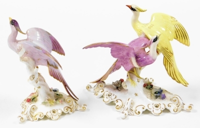 Two Royal Crown Derby bird figures, each with pink stamp to underside, to include the Chelsea Adira, 16cm high, and a twin group of Chelsea birds, 15cm high. (2) - 2