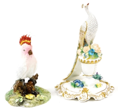 Two Royal Crown Derby bird figures, to include a peacock, signed by S P Slack and Lin Boole, 25cm high, and a Cockatoo, 18cm high. (2)