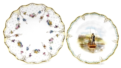 Two Royal Crown Derby cabinet plates, to include Royal Antoinette LIV, and another with turquoise and gilt borders depicting fishermen, 25cm and 22cm diameter respectively.