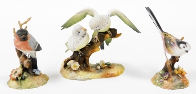 Three boxed Royal Crown Derby bird ornaments, to include Bullfinch, 12cm wide, Long Tailed Tit, 16cm high, and Budgerigars, 13cm high. (3) - 2