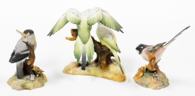 Three boxed Royal Crown Derby bird ornaments, to include Bullfinch, 12cm wide, Long Tailed Tit, 16cm high, and Budgerigars, 13cm high. (3) - 3