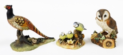 Three Royal Crown Derby boxed bird ornaments, to include Brown Owl, 16cm high, Blue Tit and chicks, 11cm high, and Pheasant signed J Brown, 18cm high. (3) - 2