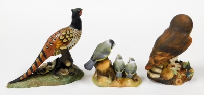 Three Royal Crown Derby boxed bird ornaments, to include Brown Owl, 16cm high, Blue Tit and chicks, 11cm high, and Pheasant signed J Brown, 18cm high. (3) - 3