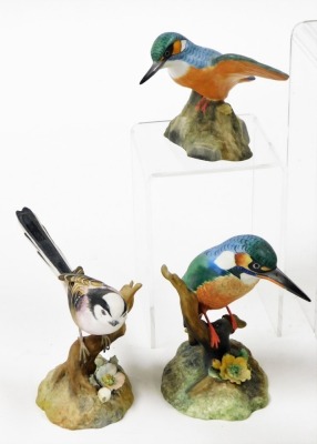 A group of Royal Crown Derby bird ornaments, to include robin, two fairy wrens, long tailed tit, wren, goldfinch, blue tit (second), bullfinch modelled by JT Jones, thrush chicks, blue tit, Sinclair's number 49/100, and kingfisher. (a quantity) - 2