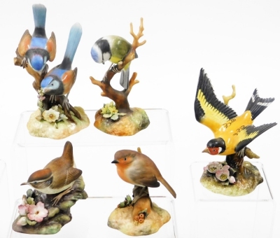 A group of Royal Crown Derby bird ornaments, to include robin, two fairy wrens, long tailed tit, wren, goldfinch, blue tit (second), bullfinch modelled by JT Jones, thrush chicks, blue tit, Sinclair's number 49/100, and kingfisher. (a quantity) - 3