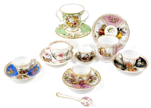 Cabinet cups and saucers, to include five Dresden cups and saucers, one Meissen and a Derby green and floral encrusted loving cup and saucer circa 1820's. (7)