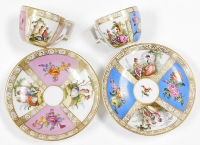 Cabinet cups and saucers, to include five Dresden cups and saucers, one Meissen and a Derby green and floral encrusted loving cup and saucer circa 1820's. (7) - 2