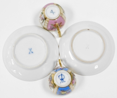 Cabinet cups and saucers, to include five Dresden cups and saucers, one Meissen and a Derby green and floral encrusted loving cup and saucer circa 1820's. (7) - 3