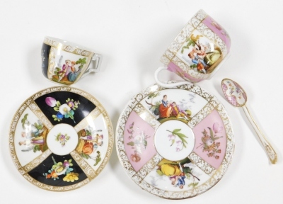 Cabinet cups and saucers, to include five Dresden cups and saucers, one Meissen and a Derby green and floral encrusted loving cup and saucer circa 1820's. (7) - 4