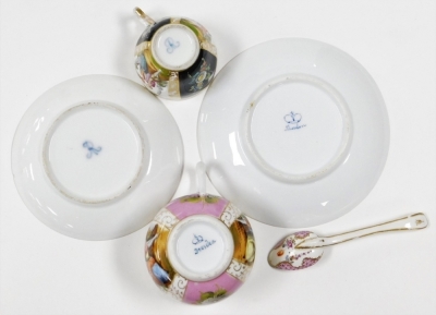 Cabinet cups and saucers, to include five Dresden cups and saucers, one Meissen and a Derby green and floral encrusted loving cup and saucer circa 1820's. (7) - 5