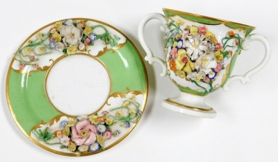 Cabinet cups and saucers, to include five Dresden cups and saucers, one Meissen and a Derby green and floral encrusted loving cup and saucer circa 1820's. (7) - 6