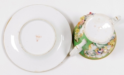 Cabinet cups and saucers, to include five Dresden cups and saucers, one Meissen and a Derby green and floral encrusted loving cup and saucer circa 1820's. (7) - 7