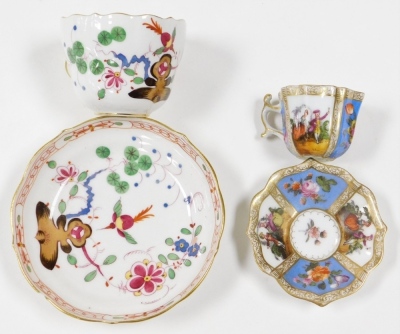 Cabinet cups and saucers, to include five Dresden cups and saucers, one Meissen and a Derby green and floral encrusted loving cup and saucer circa 1820's. (7) - 8