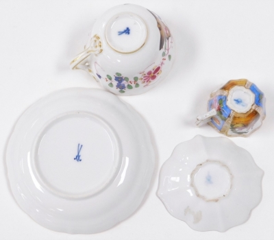 Cabinet cups and saucers, to include five Dresden cups and saucers, one Meissen and a Derby green and floral encrusted loving cup and saucer circa 1820's. (7) - 9