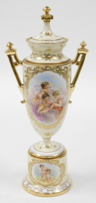 A 19thC Dresden urnular vase and cover, heavily gilt decorated with coloured panels of cherubs to centre with two handles on a stepped and rounded base with blue Dresden stamp to underside and 18819, 44cm high. - 2