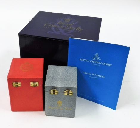 Three Royal Crown Derby boxes and a 2014 price manual. (4)