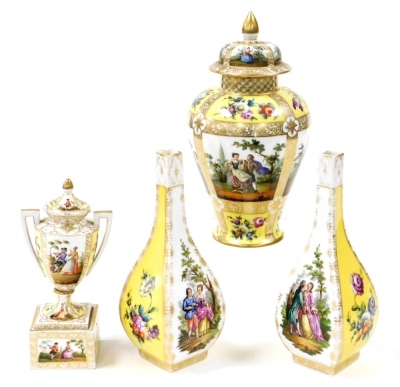 Four Helena Wolfsohn style ceramics, comprising two bud vases, each in yellow and white with heavily decorated panels with figures and flowers, Augustus Rex mark, 23cm high, a similar designed Meissen urn and cover, 20cm high, and a ginger jar and cover,