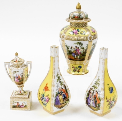 Four Helena Wolfsohn style ceramics, comprising two bud vases, each in yellow and white with heavily decorated panels with figures and flowers, Augustus Rex mark, 23cm high, a similar designed Meissen urn and cover, 20cm high, and a ginger jar and cover, - 2