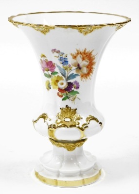 A Meissen vase, the flared rim top with gilt decoration and hand painted floral decoration on a fluted base, blue cross swords mark to base, 24cm high. - 2