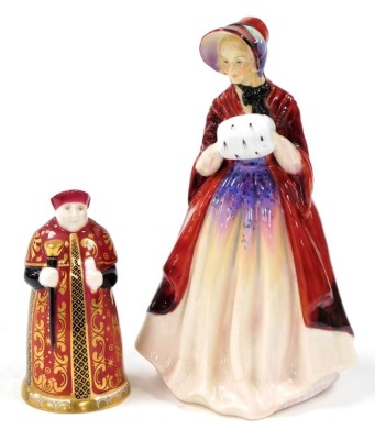 Two porcelain figures, to include a Paragon Lady Christine figure 20cm high, and a Sinclairs limited edition of 500 Royal Worcester Cardinal Wolsey snuffer 11cm high. (2)