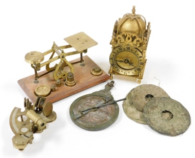 Postal scales and curios, to include sextant, weighing scales, miniature lantern clock, drop dial weight, etc. (a quantity)