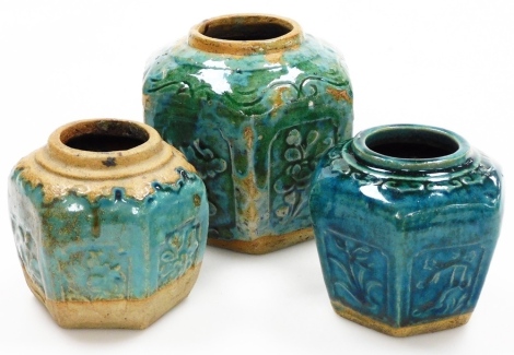 Three Chinese stoneware hexagonal ginger jars, each with a turquoise glaze, 13cm high, and two 10cm high.