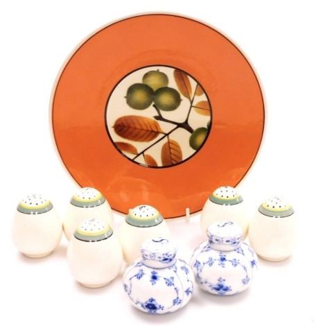 A group of Scandinavian pottery, to include a Gunhild fruits and flowers cabinet plate, 20cm wide, a pair of Danish Copenhagen salt and pepper pots, and three sets of Gunhild salt and pepper shakers.