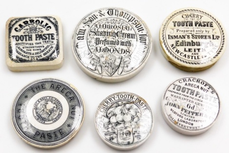 A group of advertising pot lids, each for toothpaste, to include Carbolic, Cherry toothpaste, Carcrofts, the Aeronaut toothpaste and Aloonds. (6)