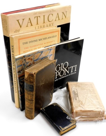 A group of books relating to Italy and Rome, to include Gio Ponti The Divine Michelangelo, Recueil De Prieres, Lorenzo DE Medici, Art Treasure fo The Vatican Library, and To The Dauphin. (AF)