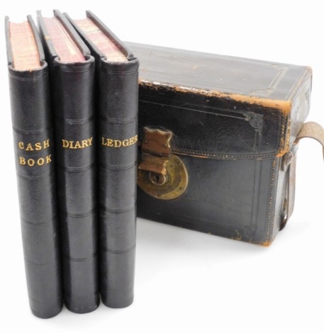 Sheffield Interest. A leather book carrying case, enclosing three books, the diary, ledger and cash book, by Pawson and Brailsford Account Book manufacturers, some with contents, relating to Alliance Insurance, Sheffield Union Bank, George Bassett, Earl's