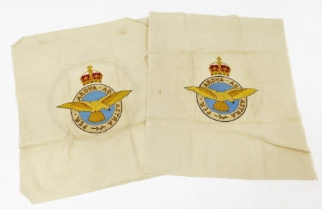 Two embroidered RAF badge panels, each on cream loose material, 38cm x 34cm. (2)