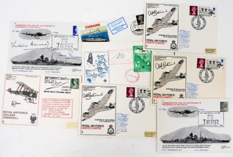 A group of signed Royal Air Force first day covers, to include The Closure Of Station 28th February 1971 four copies, Commemorating The 35th Anniversary Of The Sinking Of The Tirpitz with Ludovick Kennedy ? signature, another unsigned, The Cunard first da