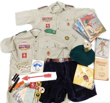 Scouting Interest. Two UK Scout shirts, a pair of corduroy shorts from the 50-60s, various other accessories, Queen's badge, The Scout Annual for 1956-58, Woodcraft Wisdom Book, etc. (a quantity)