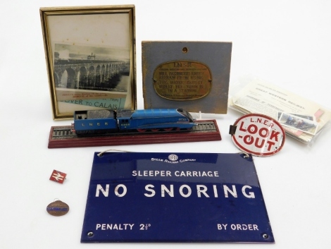 A group of railway ephemera, to include a black and white postcard of The Flying Scotmans crossing Royal Border Bridge Bewick-on-Tweed, a reserve seat and ticket for the same ride, train sound cassette, train cigarette cards, notices from the Great Wester