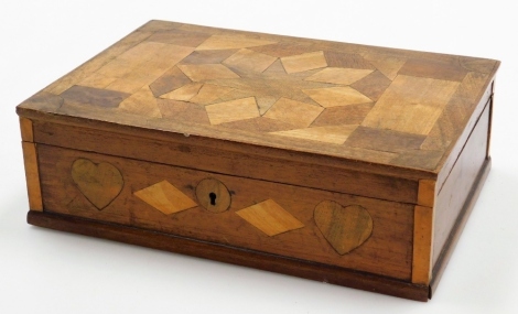 A Victorian parquetry sewing box, with multiple panel inlaid top and fitted tray centre, painted purple interior, 9cm high, 13cm wide, 20cm deep.