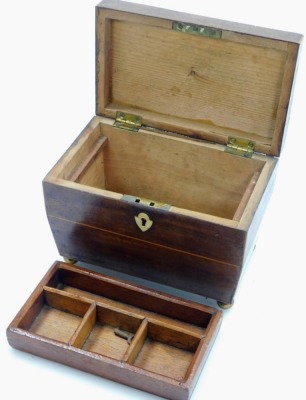 A 19thC mahogany tea caddy, with domed top, and a bone escutcheon, with fitted interior, on bun feet, 13cm high, 19cm wide, 11.5cm deep. - 2