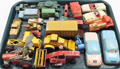 A group of playworn die cast cars, farming vehicles, tin plate saloon cars, etc. (a quantity)