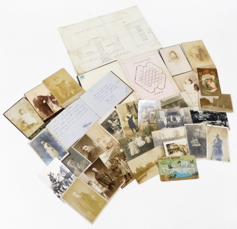 A group of ephemera, etc., to include an album of documents and letters, house plans, autograph book from the 1930s, black and white postcards of Nottingham, Grantham and local scenes, etc. (a quantity)