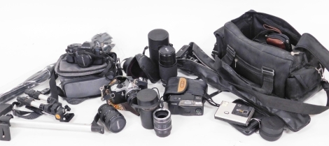 A group of various camera equipment, comprising tripods, Pentax 330, Pentax ME Super Hoya 80-205mm lens, flashes and exposure lens, a Takumar 28-80mm lens, etc. (a quantity)