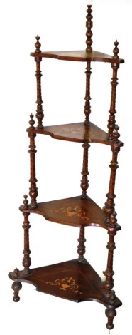 An Victorian walnut marquetry corner whatnot, each shelf with urn and swan inlay, four shelves on bobbin turned supports, (AF), 150cm high, 60cm wide, 35cm deep.