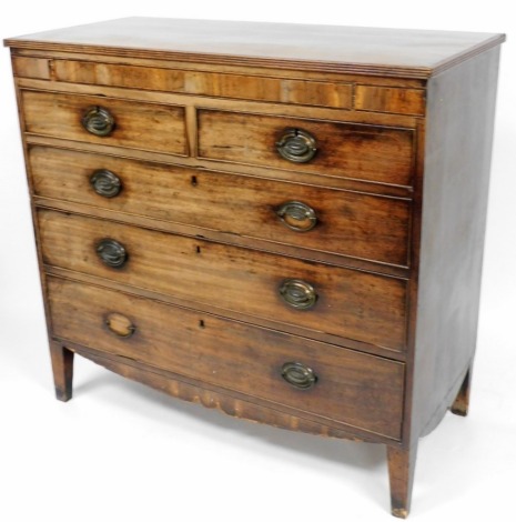 A 19thC mahogany secretaire chest, of two short and three long drawers with oval brass handles, on splay feet, 107cm high, 113cm wide, 52cm deep. (AF)