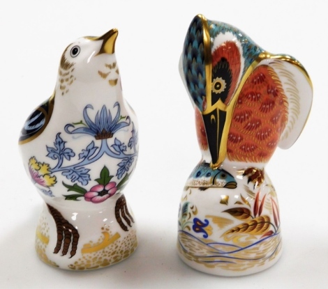 Two Royal Crown Derby paperweights, to include kingfisher with gold stopper, 12cm high, and the strawberry thief thrush with gold stopper, 12cm high. (2)