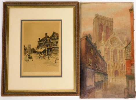 Two pictures, John J Creswell of York Minster, watercolour, dated 1928, 35cm x 29cm, and another after Morjaris G Bater Stratford Upon Avon limited edition print, 20cm x 14cm. (2)