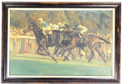 20thC School. The Detroit Winning Arc, horse painting, oil on panel, 28cm x 44cm, framed and glazed.