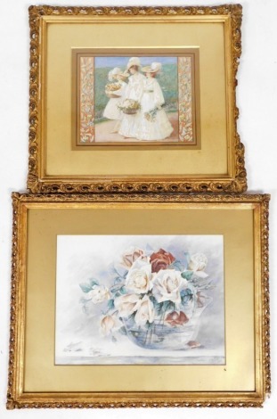 Two watercolours, to include F M Towers (20thC) still life of roses, signed and dated 1918, 25cm x 33cm, in ornate gilt frame, together with a later watercolour of three ladies strolling through the rose fields, 21.5cm x 26cm, in ornate gilt frame. (2)