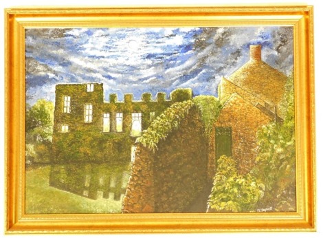 R Jephott (21st School). House ruins and walled gardens at night, signed, oil on board, 61cm x 80cm, in gilt frame.