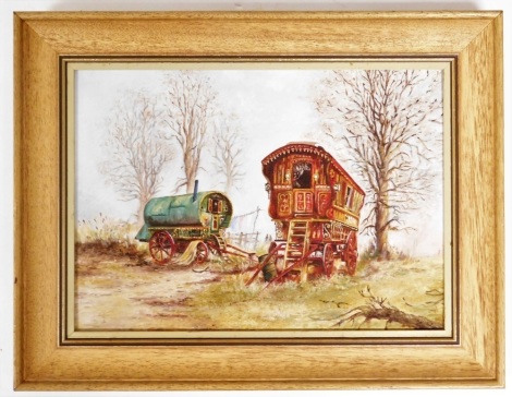 20thC School. Gypsy caravans in field, oil on panel, 25cm x 34cm, framed and glazed.